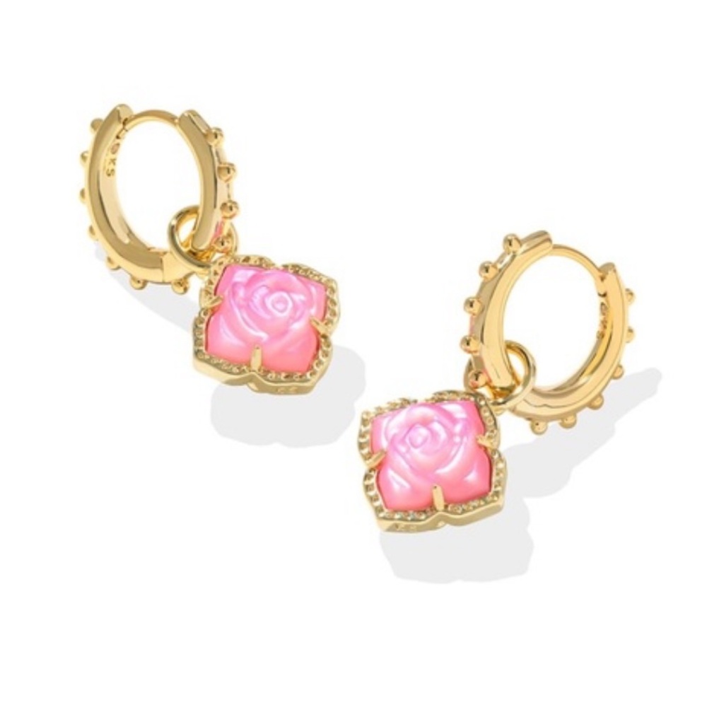 NWT Kendra Scott Mallory Rose Huggie Hoop Earrings, Blush Ivory Mother Of Pearl